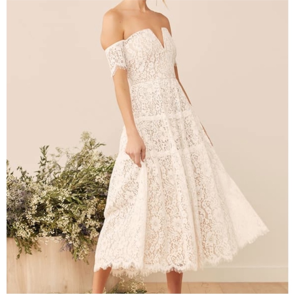 LULUs Absolutely Stunning White Lace‎ Off-the-Shoulder Midi Dress Sz Small/Med